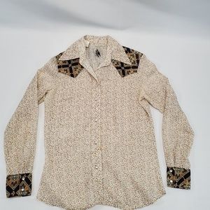 Vintage 70s Karman Western Wear Brown Cream Floral Snap Shirt Blouse